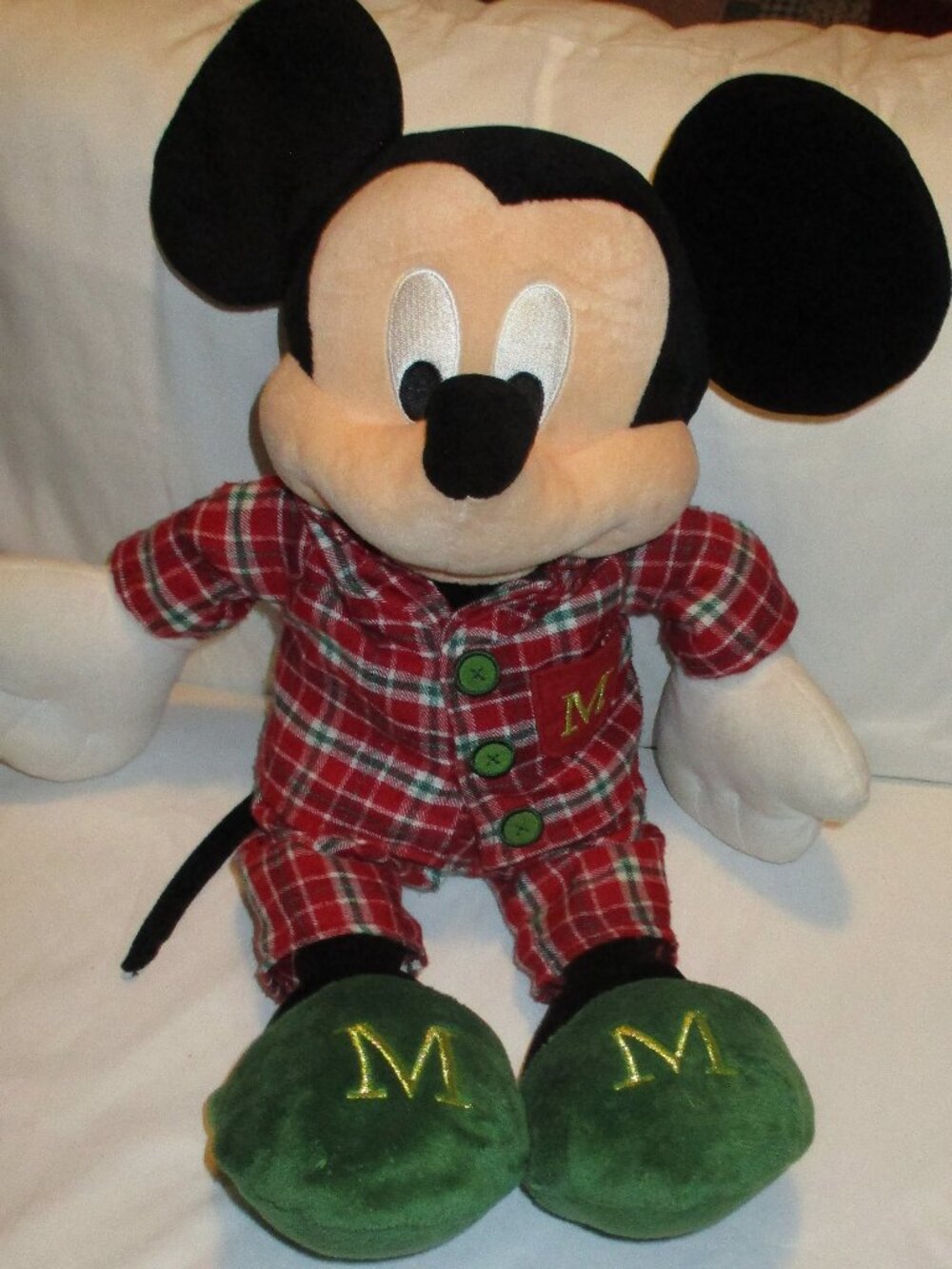 Disney Store Mickey Mouse Christmas Plush Plaid Pajamas PJs Slippers